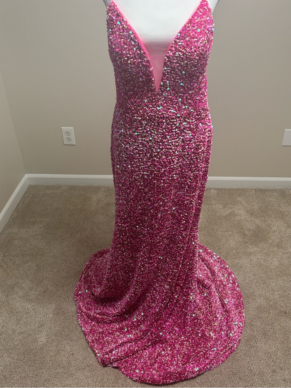 Sparkling Hot Pink Sequin Mermaid Prom Dress with Plunge V-Neck